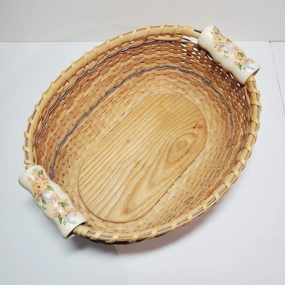 Signed‎ Artisan Woven Splint Bread Basket Wood Base Floral Porcelain Handles